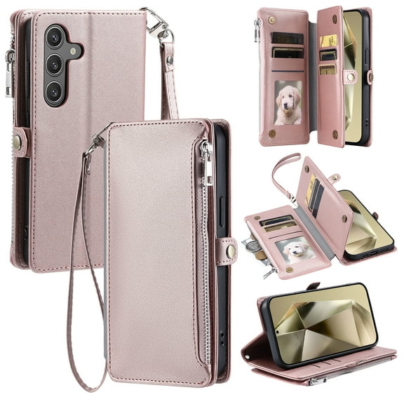 For Samsung Galaxy S24 Wallet Case – Crossbody Strap+Hand Lanyard & Zipper Pocket Credit Card Slots,Drop Tested PU Leather Magnetic Folio Cover with RFID Blocking Card Holder Phone Case,Rosegold