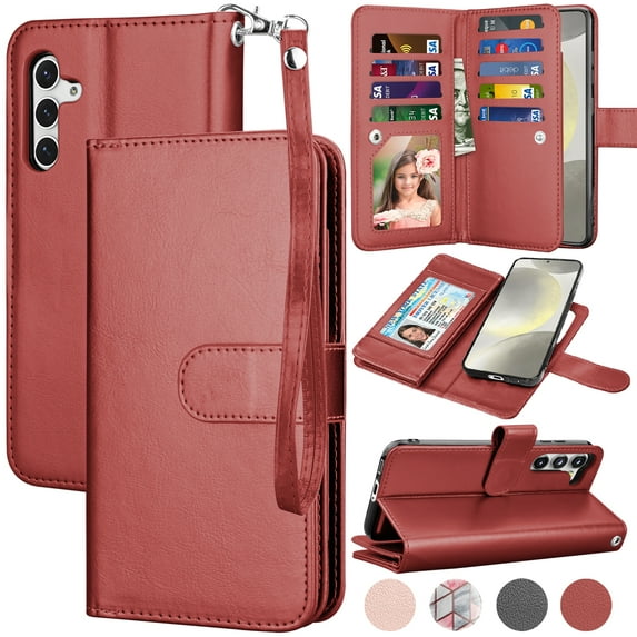 For Samsung Galaxy S24 Wallet Case, Ebizware Galaxy S24 Magnetic Leather Wallet Phone Case with Credit Card Slots Holder and Kickstand Folio Flip Detachable Cover - Wine Red
