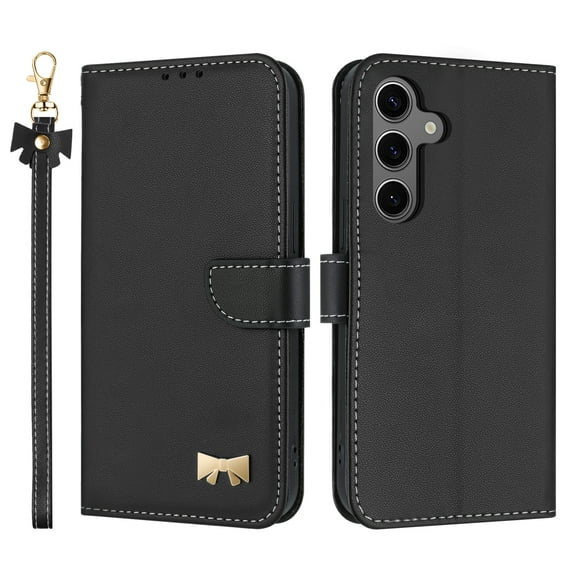 for Samsung Galaxy S24 Wallet Case, Magnetic Closure & Adjustable Kickstand & Card Slots & Shoulder Strap & Wrist Strap Full Body Protection Rugged Phone Case for Galaxy S24, Black