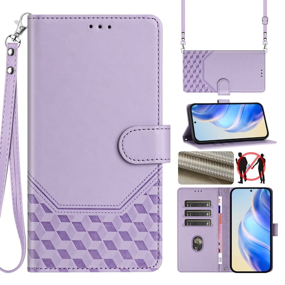 for Samsung Galaxy S24 Wallet Case for Men Women, RFID Blocking Card Holder Slots, Wrist Strap & Shoulder Strap Shockproof TPU Inner, Kickstand PU Leather Protective Phone Cover, Purple