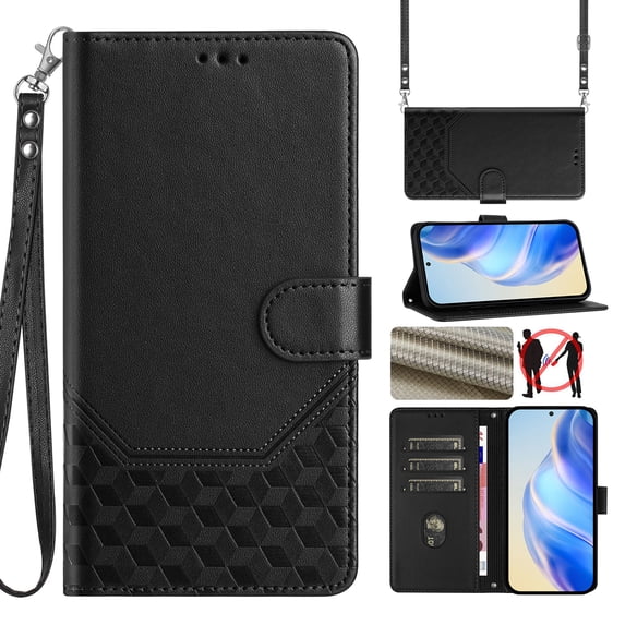 for Samsung Galaxy S24 Wallet Case for Men Women, RFID Blocking Card Holder Slots, Wrist Strap & Shoulder Strap Shockproof TPU Inner, Kickstand PU Leather Protective Phone Cover, Black