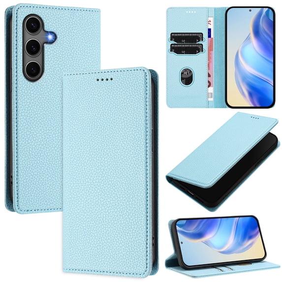 for Samsung Galaxy S24 Wallet Case with RFID Blocking Card Slots, Fashion PU Leather Flip Kickstand Magnetic Phone Cover Women Men, Support Wireless Charging, Full Body Protection - Skyblue