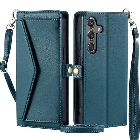 For Samsung Galaxy S24 Wallet Case, RFID Blocking Crossybody Shoulder Strap Hand Wrist Flip Cover Carsd Holder Snap Closure Protective Phone Case for Samsung Galaxy S24, Green