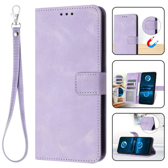 for Samsung Galaxy S24 Wallet Case with Wrist Strap, PU Leather Purse Shockproof Full Protective Phone Cover with Card Slots Magnetic Clasp Flip Stand Case for Galaxy S24, Purple