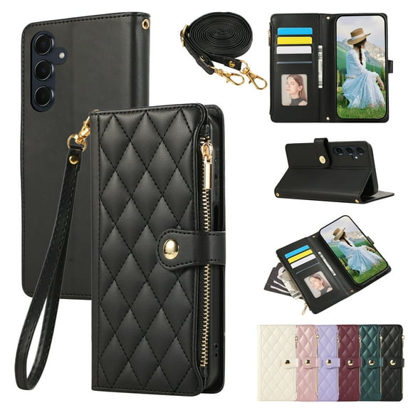 for Samsung Galaxy S24 Wallet Case with Zipper Pocket Card Holder & Crossbody Lanyard Strap & Wrist Strap, Flip Stand PU Leather Magnetic Folio Purse Case for Galaxy S24, Black