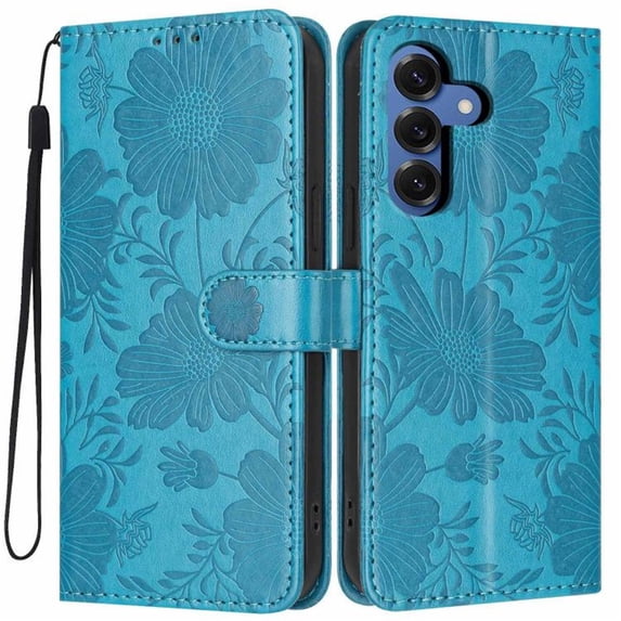 For Samsung Galaxy S25 5G 6.2" Flower Embossed Buckle Case, Card Slots/Pocket, PU Leather Flip Wallet Case With Short Wrist Strap,Blue,For Galaxy S25(5G)