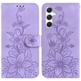 thumbnail image 1 of For Samsung Galaxy S25 5G 6.2" lily Embossed Strong Magnetic Attachment/Closure, Card Slots/Pocket, PU Leather Flip Wallet Case ﻿,Purple,For Galaxy S25 5G, 1 of 7