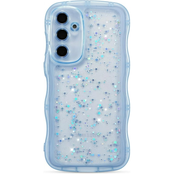 for Samsung Galaxy S25 5G Case 6.2",Cute Curly Wave Case with Star Glitter,Clear Shiny Bling Soft TPU Shockproof Phone Protecive Case for Women Girls-Blue