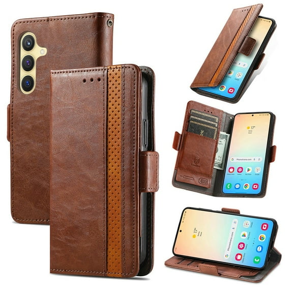 For Samsung Galaxy S25 5G Leather Phone Case Wallet Folio Flip Cover Casual Business, [RFID Blocking] Multi Hidden Anti-theft Card Holder Cash Slot, Side Magnetic Buckle, Stand Support,Brown