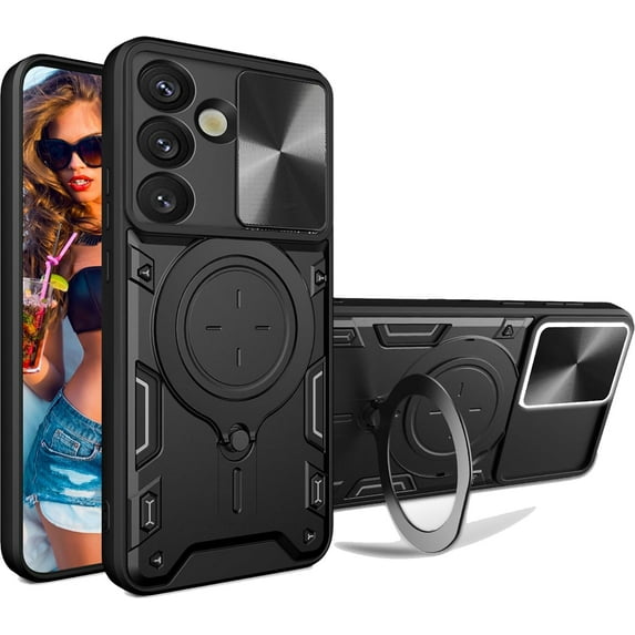 for Samsung Galaxy S25 6.17" Case with Magnetic Ring Kickstand, Rugged Military Grade Shockproof Case with Slide Camera Lens Cover for Samsung Galaxy S25 JS-Black