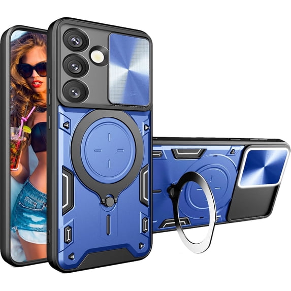 for Samsung Galaxy S25 6.17" Case with Magnetic Ring Kickstand, Rugged Military Grade Shockproof Case with Slide Camera Lens Cover for Samsung Galaxy S25 JS-Blue