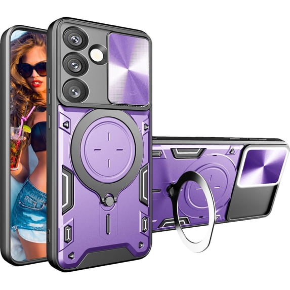 for Samsung Galaxy S25 6.17" Case with Magnetic Ring Kickstand, Rugged Military Grade Shockproof Case with Slide Camera Lens Cover for Samsung Galaxy S25 JS-Purple