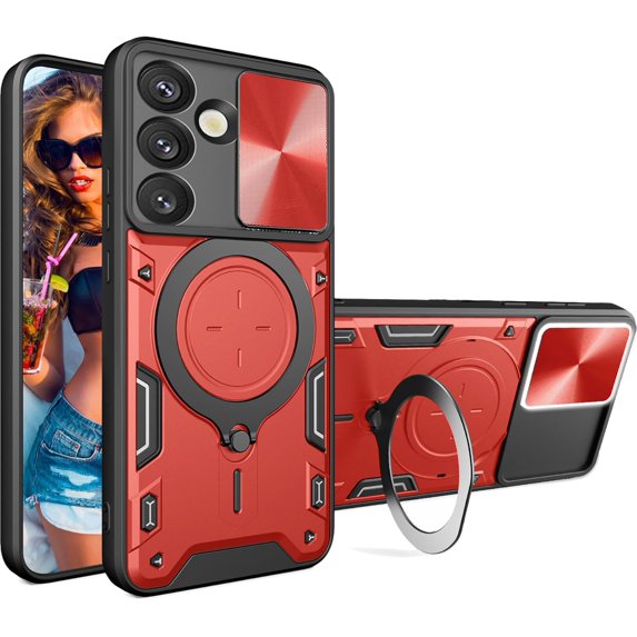 for Samsung Galaxy S25 6.17" Case with Magnetic Ring Kickstand, Rugged Military Grade Shockproof Case with Slide Camera Lens Cover for Samsung Galaxy S25 JS-Red