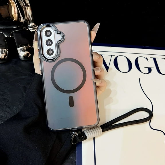 for Samsung Galaxy S25 Allochroic Magnetic Case, Compatible with Magsafe, PC+TPU Shock-Absorbent Lightweight Glossy Drop Protection Non-Slip Case with Strap, Wireless Charging Compatible, Black