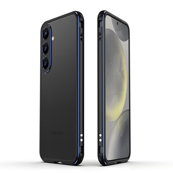 for Samsung Galaxy S25 Aluminum Frame and Camera Lens Protector, Metal Bumper Slim Hard Straight Edge Full Drop Protection Anti-scratch Shock Absorbing Cotton for S25, Black+Blue