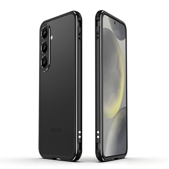 for Samsung Galaxy S25 Aluminum Frame and Camera Lens Protector, Metal Bumper Slim Hard Straight Edge Full Drop Protection Anti-scratch Shock Absorbing Cotton for S25, Black+Silver