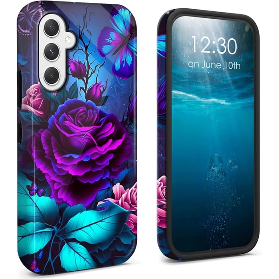 for Samsung Galaxy S25 Case 2025 Dual Layer Cover Hard PC + Soft TPU Black Shockproof Protective Phone Case for Samsung Galaxy S25 6.2 inch - Purple Rose and Blue Butterfly