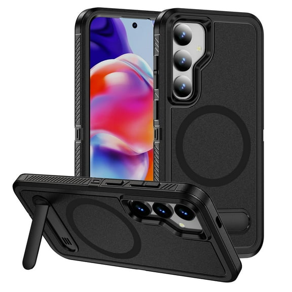 for Samsung Galaxy S25+ Case,[Built-in Invisible Kickstand],Compatible with MagSafe,Military-Grade Drop Protection Double Layer Shockproof Slim Translucent Matte Phone Case,Black+Black
