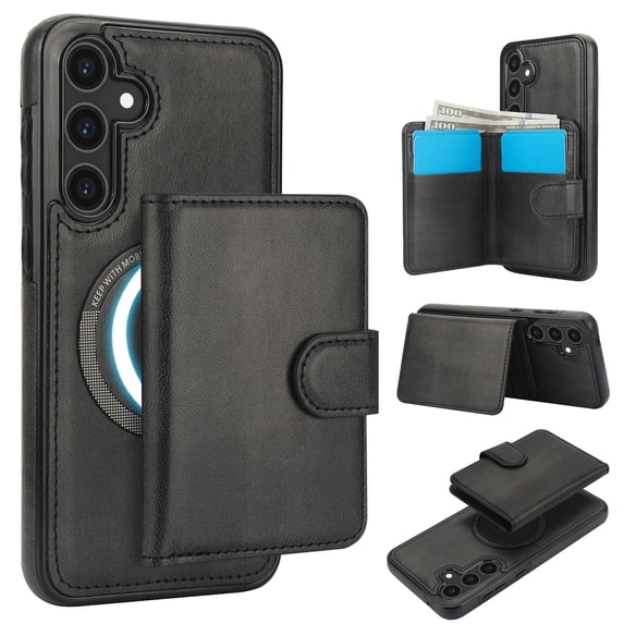 for Samsung Galaxy S25 Case, Compatible with MagSafe, Detachable Magnetic Wallet Case with PU Leather Kickstand Card Slots Shockproof Protection 2 In 1 Function Case for Galaxy S25, Black