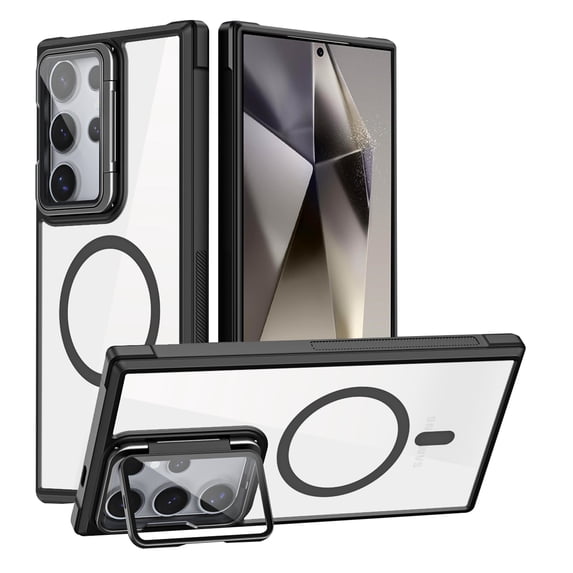 for Samsung Galaxy S25 Case Compatible with MagSafe, Phone Case with Built-in Camera Stash Stand Shockproof & Scratch-Resistant Back Cover Kickstand for Samsung Galaxy S25, Black