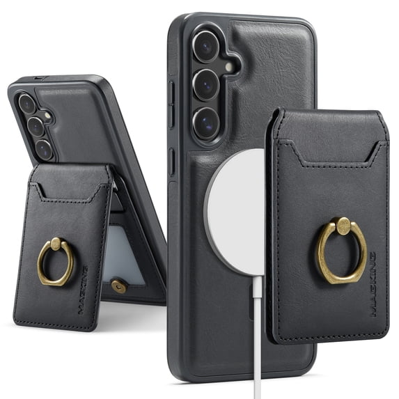 For Samsung Galaxy S25+ Case with Credit Card Holder,Ring Holder,Phone PU Leather Case Wallet for Women Men Magnetic Detachable 2-in-1 Wallet Card,Shockproof Rugged Phone Case,Black