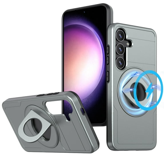 for Samsung Galaxy S25 Case, Frosted PC Compatible with MagSafe Built-in 360 Rotatable Invisible Kickstand Military Grade Protection Case for Samsung Galaxy S25, Gray