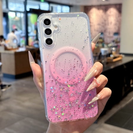 for Samsung Galaxy S25 Case Glitter, Compatible with MagSafe Magnetic Clear Phone Cases for Women Girls, Camera Lens Protection Sparkle Shockproof Protective Transparent Slim Cover, Pink