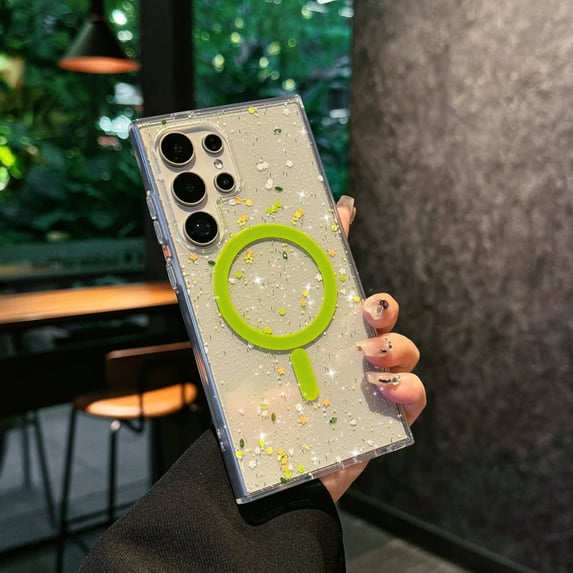 for Samsung Galaxy S25 Case Magnetic Clear Glitter Bling Sparkly Cute Case, Women Girls Compatible with MagSafe, for Samsung Galaxy S25, Shiny Transparent Anti-Scratch Protective Phone Cover, Green