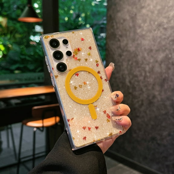 for Samsung Galaxy S25 Case Magnetic Clear Glitter Bling Sparkly Cute Case, Women Girls Compatible with MagSafe, for Samsung Galaxy S25, Shiny Transparent Anti-Scratch Protective Phone Cover, Yellow