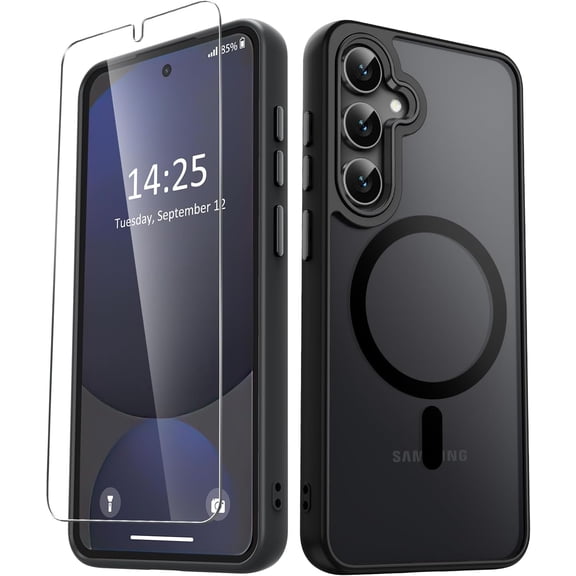 for Samsung Galaxy S25 Case, Matte Magnetic Phone Case with 1 Screen Protector, Support Magsafe, Translucent Frosted Shockproof Protective Cover S25, Black