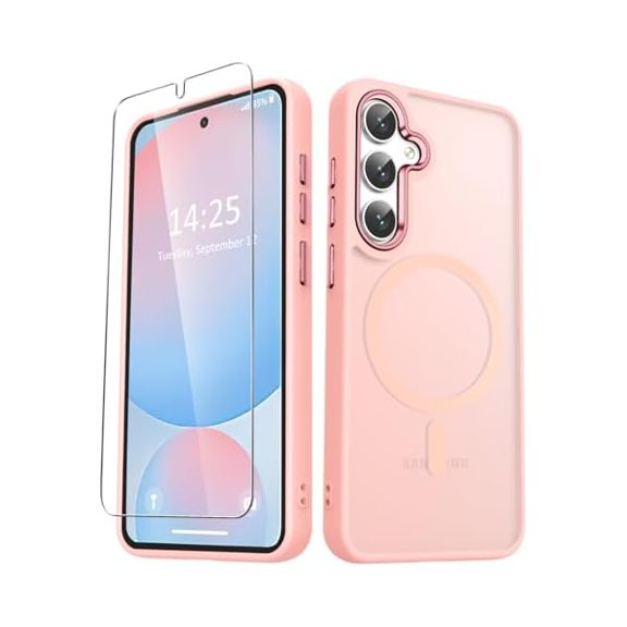 for Samsung Galaxy S25 Case, Matte Magnetic Phone Case with 1 Screen Protector, Support for Magsafe, Translucent Frosted Shockproof Protective Cover for Samsung Galaxy S25, Pink