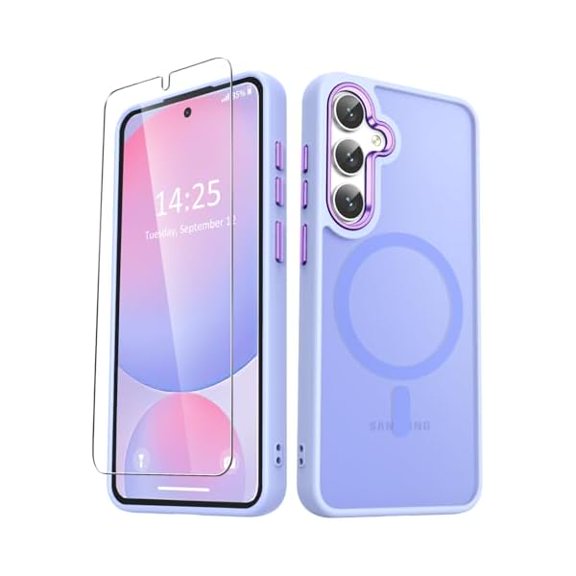 for Samsung Galaxy S25 Case, Matte Magnetic Phone Case with 1 Screen Protector, Support for Magsafe, Translucent Frosted Shockproof Protective Cover for Samsung Galaxy S25, Purple