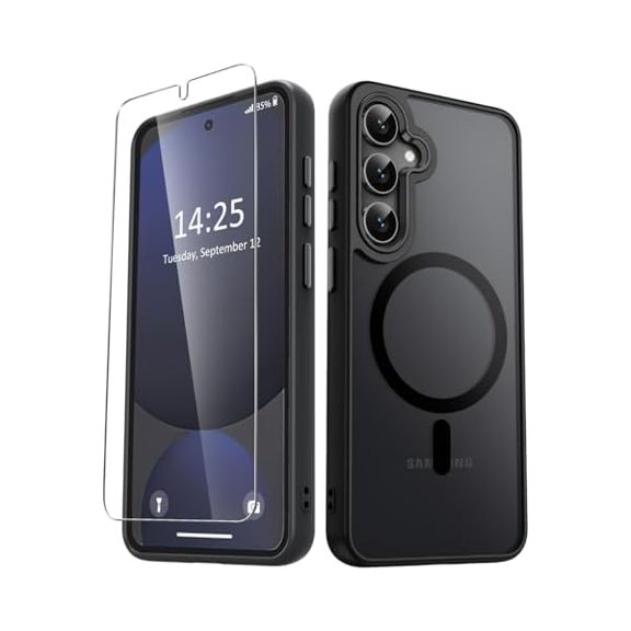 for Samsung Galaxy S25 Case, Matte Magnetic Phone Case with 1 Screen Protector, Support for Magsafe, Translucent Frosted Shockproof Protective Cover for Samsung Galaxy S25, Black