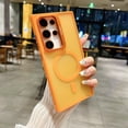 thumbnail image 1 of for Samsung Galaxy S25 Case with Metal Kickstand & Lens Protector, [Slim&Lightweight] [Anti-Fingerprint] Shockproof Soft TPU Frame Hard PC Translucent Wireless Charging Case, Orange, 1 of 8