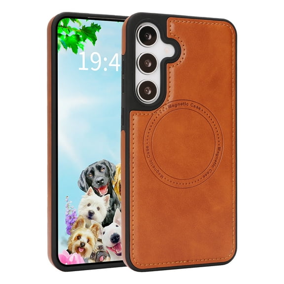 for Samsung Galaxy S25 Case, Premium PU Leather + TPU Shockproof Slim Cover, Compatible with MagSafe, Lightweight Classic Design Drop Protective Back Case, for Galaxy S25, Lightbrown
