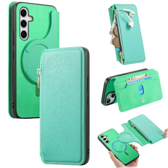 For Samsung Galaxy S25+ Case with RFID Blocking Card Holder for Women Men,Compatible with MagSafe,Detachable Wallet 2 in 1 PU Leather Magnetic Snap Flip Kickstand Zipper Pouch Phone Case,Green