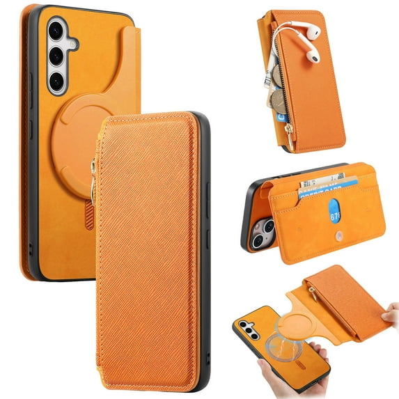 For Samsung Galaxy S25+ Case with RFID Blocking Card Holder for Women Men,Compatible with MagSafe,Detachable Wallet 2 in 1 PU Leather Magnetic Snap Flip Kickstand Zipper Pouch Phone Case,Yellow