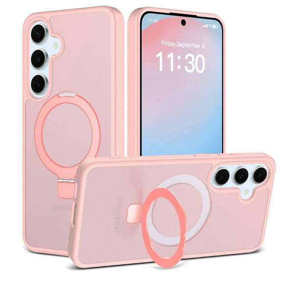 for Samsung Galaxy S25 Case with Ring Kickstand, Compatible with MagSafe, Ultra Slim Lightweight Drop Protective Cover, Luxury Shockproof Anti-Scratch Translucent Back Phone Case, Pink