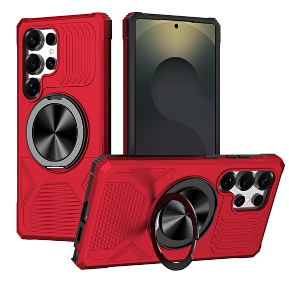 for Samsung Galaxy S25+ Case with Ring Stand Holder, Rugged Secure Grip, Military-Grade Drop Protection Phone Case with Kickstand, Heavy Duty Protective Cover Support Magnetic Car Mount, Red