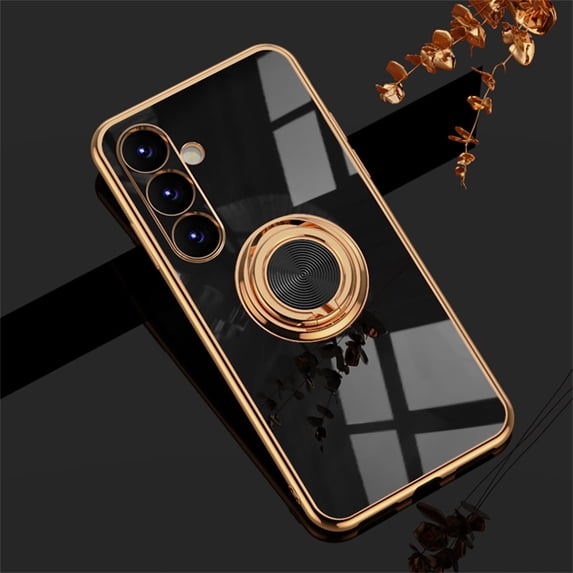 for Samsung Galaxy S25 Case with Ring Stand, Slim Thin Electroplated Phone Case with Secure Ring & Kickstand, Luxury Shockproof Anti-Scratch Rugged Protective Case for Samsung Galaxy S25, Black