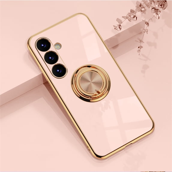 for Samsung Galaxy S25 Case with Ring Stand, Slim Thin Electroplated Phone Case with Secure Ring & Kickstand, Luxury Shockproof Anti-Scratch Rugged Protective Case for Samsung Galaxy S25, Pink