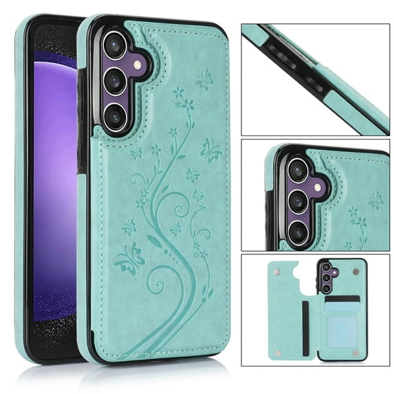 for Samsung Galaxy S25 Case Wallet with Card Holder, Floral Flower Pattern Back Flip Folio PU Leather Kickstand Card Slots Case for Women Girls, Double Magnetic Clasp Shockproof Cover, Mint