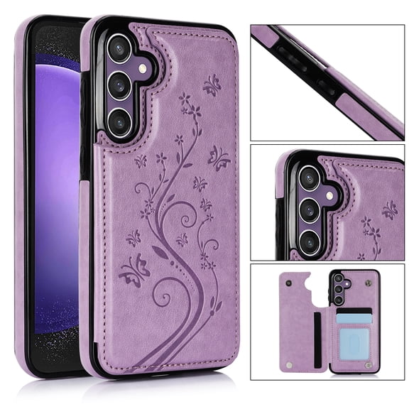 for Samsung Galaxy S25 Case Wallet with Card Holder, Floral Flower Pattern Back Flip Folio PU Leather Kickstand Card Slots Case for Women Girls, Double Magnetic Clasp Shockproof Cover, Purple