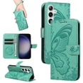 thumbnail image 1 of for Samsung Galaxy S25 Case Wallet for Women, Flip Folio Cover with Butterfly Pattern PU Leather Stand Card Holder Slots Wrist Strap Protective Phone Case for Samsung Galaxy S25, Green, 1 of 9