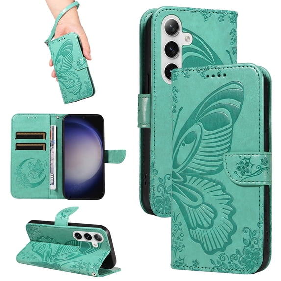 for Samsung Galaxy S25 Case Wallet for Women, Flip Folio Cover with Butterfly Pattern PU Leather Stand Card Holder Slots Wrist Strap Protective Phone Case for Samsung Galaxy S25, Green