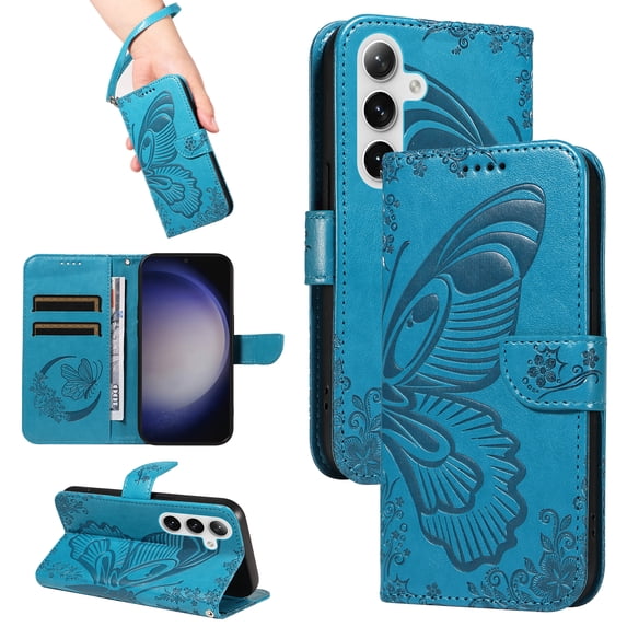 for Samsung Galaxy S25 Case Wallet for Women, Flip Folio Cover with Butterfly Pattern PU Leather Stand Card Holder Slots Wrist Strap Protective Phone Case for Samsung Galaxy S25, Blue
