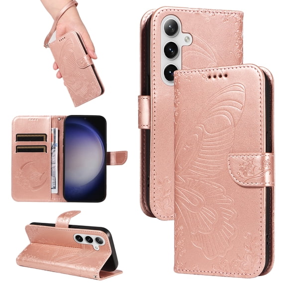for Samsung Galaxy S25 Case Wallet for Women, Flip Folio Cover with Butterfly Pattern PU Leather Stand Card Holder Slots Wrist Strap Protective Phone Case for Samsung Galaxy S25, Rosegold