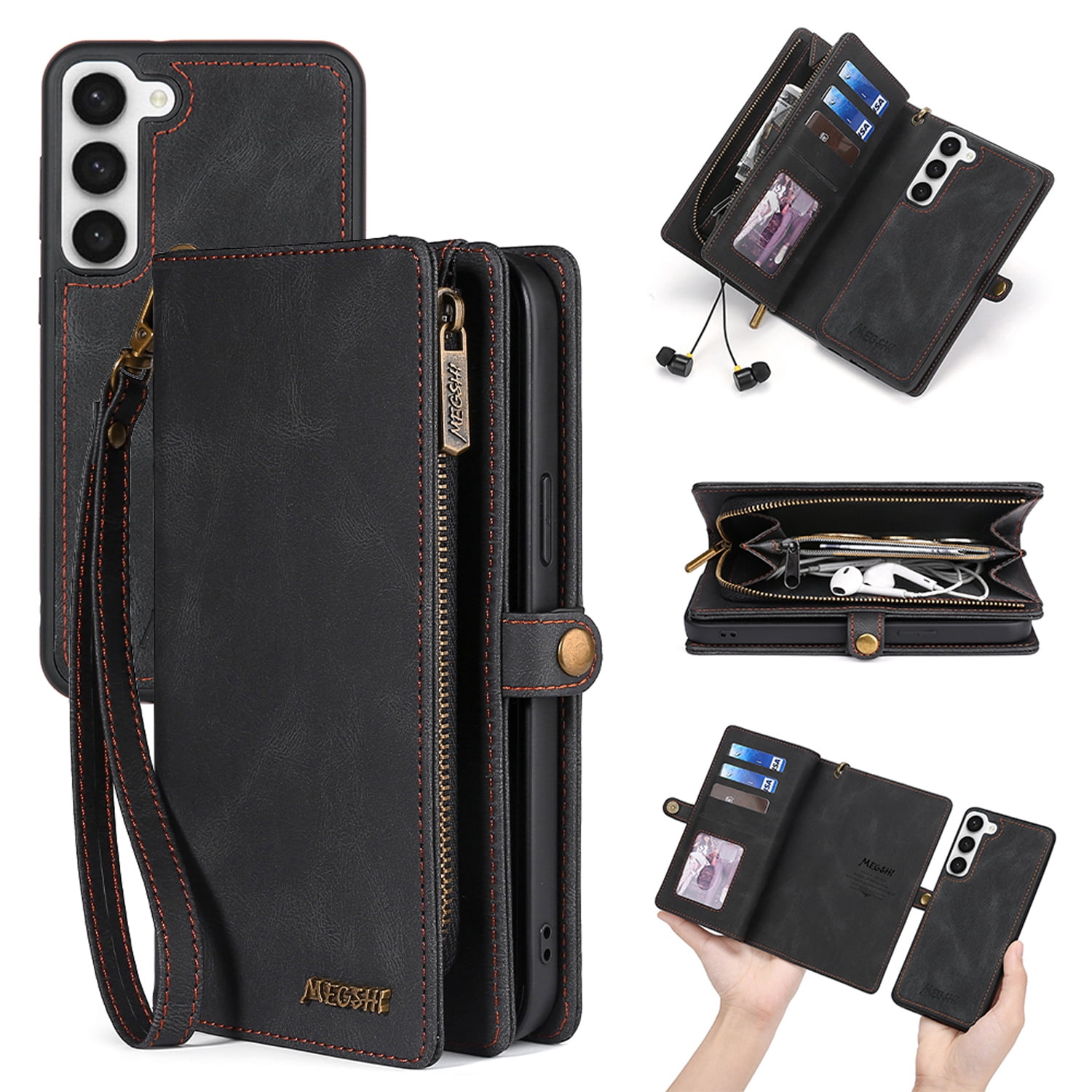for Samsung Galaxy S25 Case for Women Men, Removable Durable PU Leather Magnetic Flip Strap Wristlet Zipper Purse Card Holder Detachable Wallet Phone Cases for Samsung Galaxy S25,Black