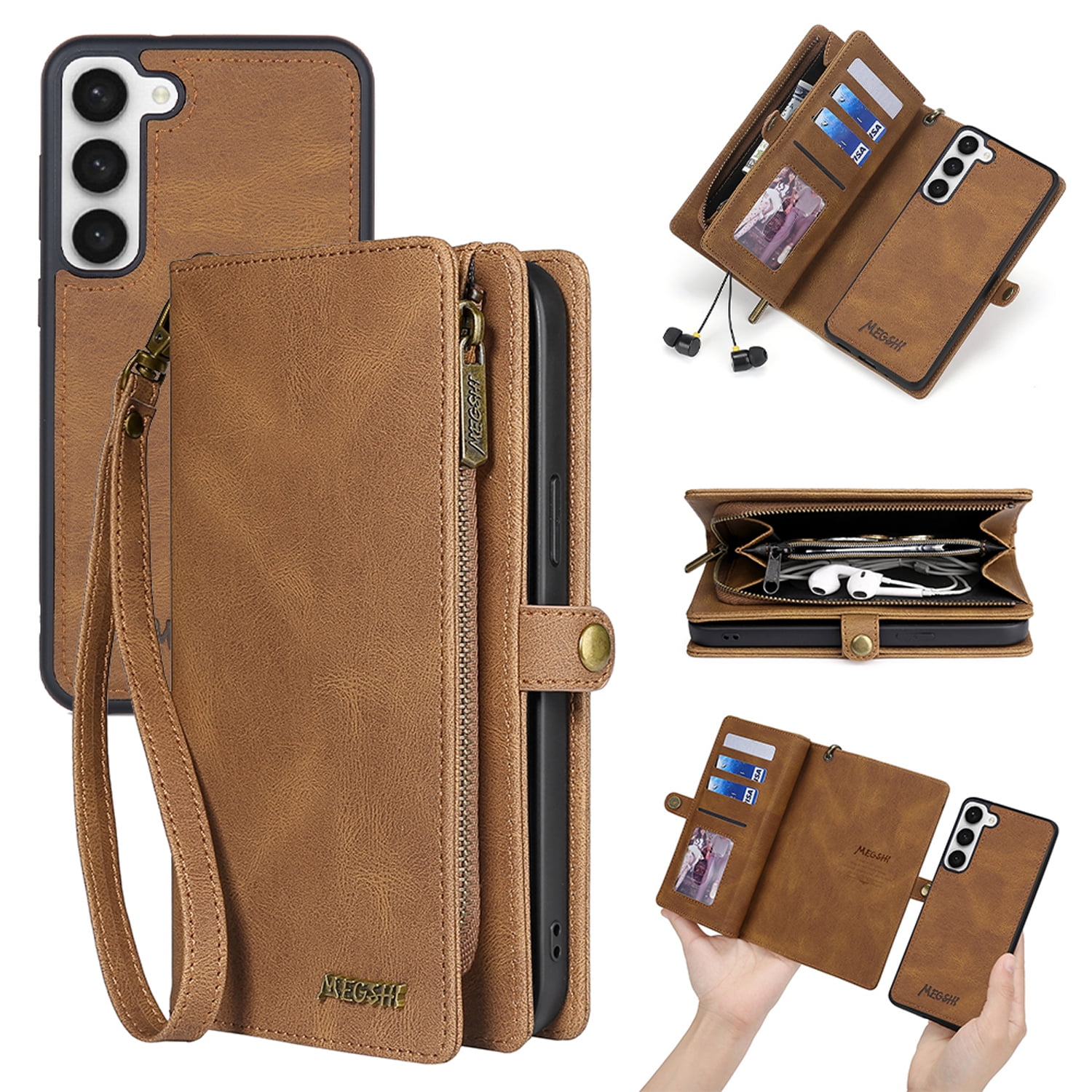 for Samsung Galaxy S25 Case for Women Men, Removable Durable PU Leather Magnetic Flip Strap Wristlet Zipper Purse Card Holder Detachable Wallet Phone Cases for Samsung Galaxy S25,Brown
