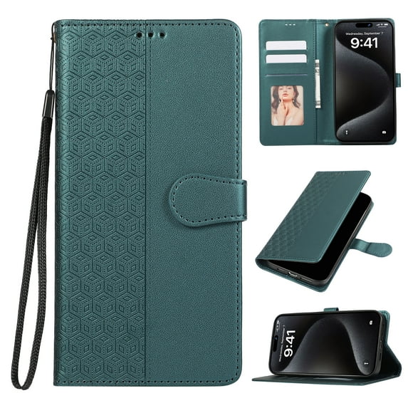 for Samsung Galaxy S25 Classic PU Leather Case, Magnetic Closure Vintage Card Slots Wallet Case Wrist Strap Embossed Kickstand Full Body Protection Phone Cover for Samsung Galaxy S25, Green